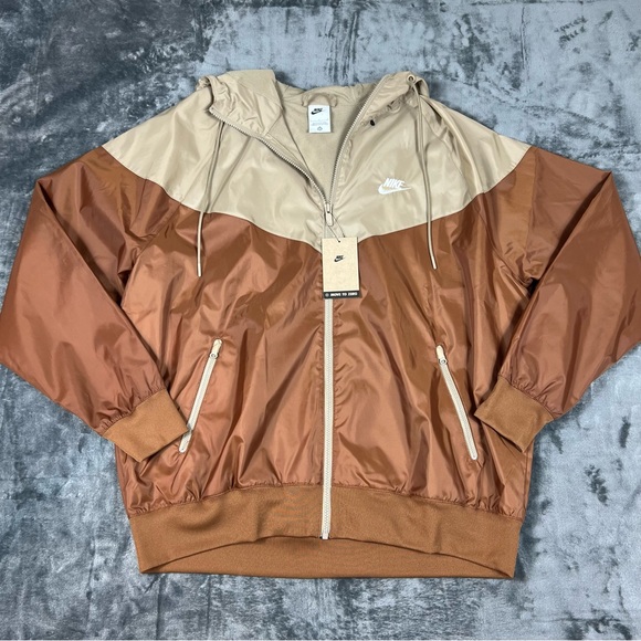 NWT Nike Men’s L Full Zip Brown Tan Windrunner Windbreaker Hooded Jacket Vented - Picture 15 of 16